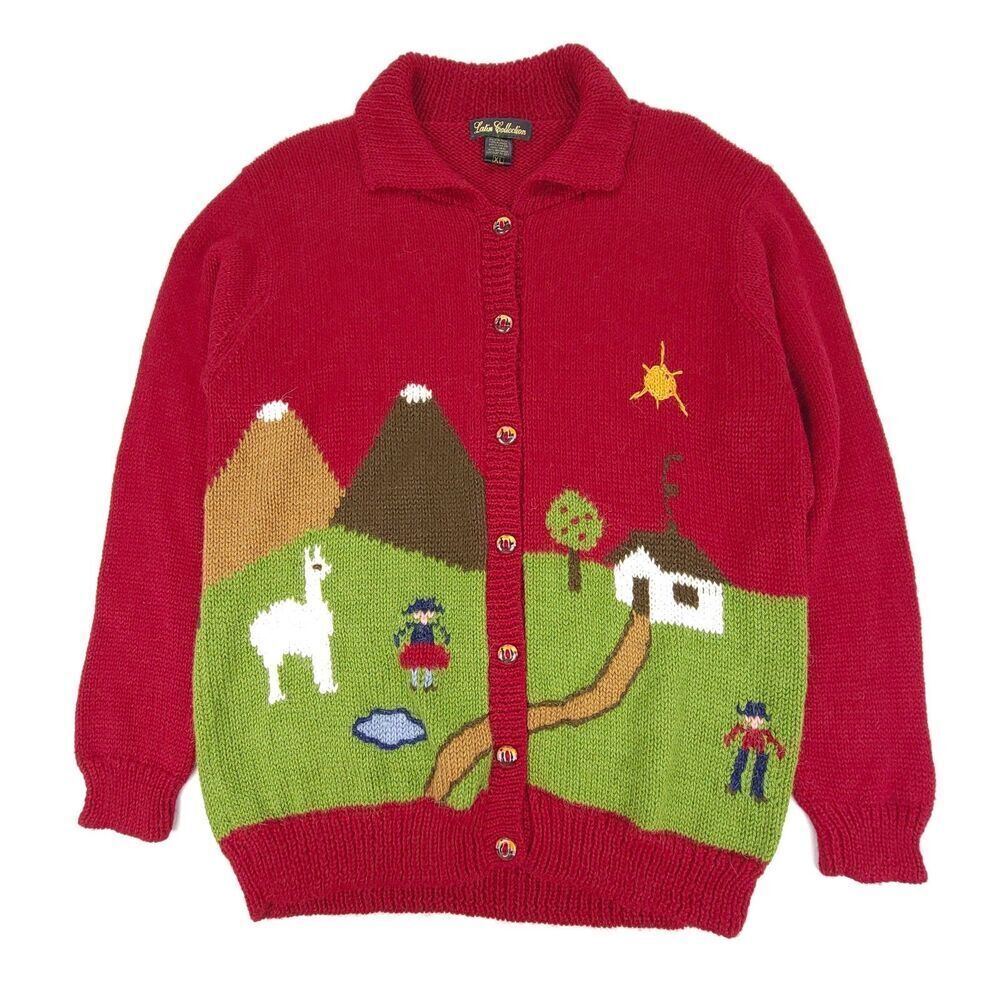VINTAGE 100% Alpaca Intarsia Novetly Embroidered Button Down Cardigan Sweater XL